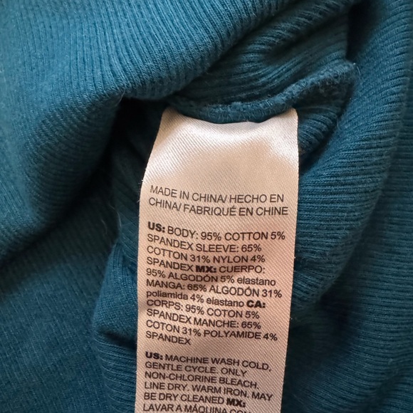 Chico’s Teal Rib Knit Woven 3/4 Puff Sleeve Top, size 2 (Large) - Picture 7 of 9